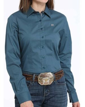 Cinch Stretch Solid Button Down Western Shirt - Blue