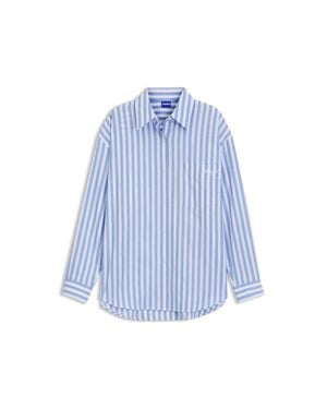 HUGO Striped Cotton Oversized-Fit Blouse With Happy Logo - Blue