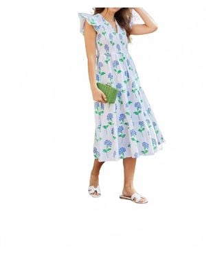 Sail To Sable Hydrangea Block Print V-Neck Smocked Dress - Blue