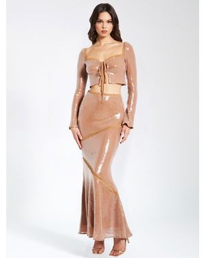 Miss Circle Odalis Nude Sequin Maxi Skirt With Lace Trim - White