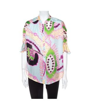 Roberto Cavalli Abstract Printed Silk Ruffle Sleeve Blouse - Pink
