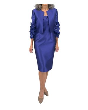 Frascara Floral Appliqué Jacket And Dress Set - Blue