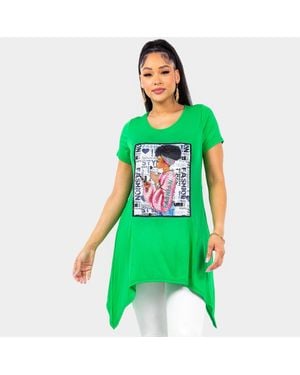 TRUEDAMES Fashion Message Afro Gril Printed Half Sleeve Top - Green