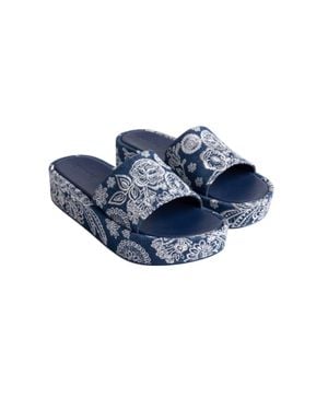 Johnny Was Bandana Embroidered Platform Slide Sandal - Blue