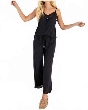 Pretty You London Bamboo Lace Cami And Cropped Trouser Pj Set - Black