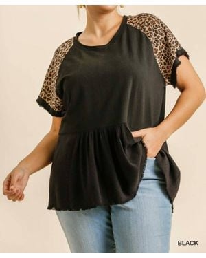 Umgee Leopard Sleeve Babydoll Top - Black