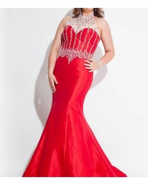 Rachel Allan Taffeta Halter Neck Beaded Mermaid Prom Gown - Red