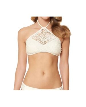 Jessica Simpson Flower Power Crochet High Neck Halter Bikini Top - Brown