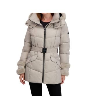 Laundry by Shelli Segal Stretch Quilted Puffer Coat With Faux Fur Trim Jacket - Gray