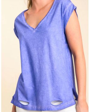 Umgee Garment Dyed Short Sleeve V-Neck Top With Hole Cutouts - Blue