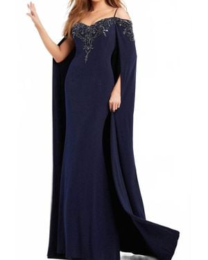 Jovani Long Cape Embellished Evening Gown - Blue