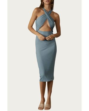 Endless Blu. Cross-Front Cutout Stretch-Modal Midi Dress - Blue