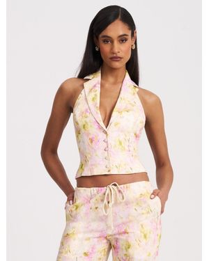 Miss Circle Lauren Floral Print Ruched Back Linen Suit Vest - Pink