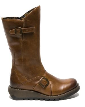 Fly London Leather Buckle Mid-Calf Platform Boots - Brown