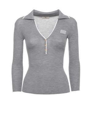 Elisabetta Franchi Fitted Wool Sweater With Profile Collar And Accents - Gray