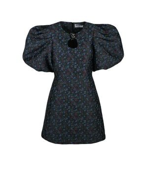 Essentiel Antwerp Short Dress With Balloon Sleeves And Floral Accents - Black