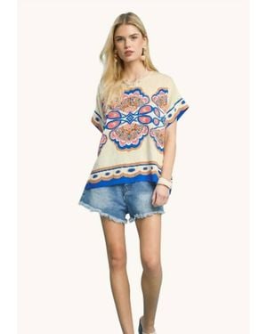 Umgee Mix Medallion Print Short Sleeve Top - Blue