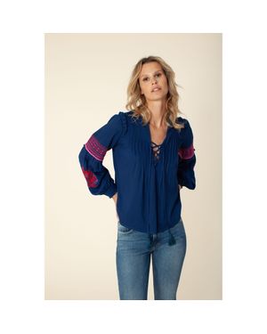 Hale Bob Reign Embroidered Lace-Up Top - Blue