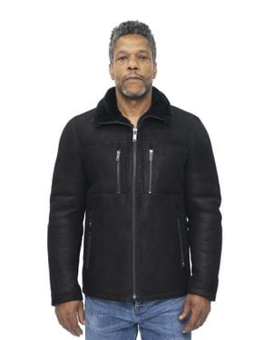 Infinity Leather Sheepskin Biker Bomber Jacket-Agboville - Black
