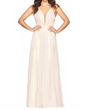 Faviana Glitter Chiffon V-Neck Dress - Natural