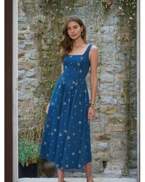 Moon River Sleeveless Square Neck Floral Embroidery Detail Denim Midi Dress - Multicolor