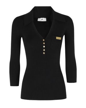 Elisabetta Franchi Tricot Polo V-Neck Lyocell-Blend Polo Shirt - Black