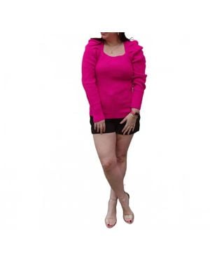 Eesome Square Neck Puff Sleeve Ribbed Knit Sweater - Red