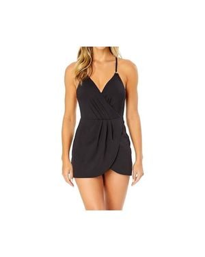 Anne Cole Thin Strap One Piece Swimsuit With Skirted Bottom - Black
