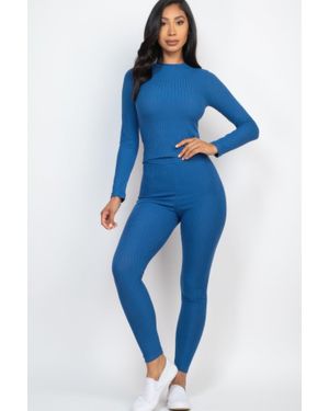 Fashnzfab Ribbed Mock Neck Long Sleeve Top & Leggings Set - Blue