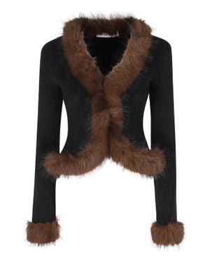 Self-Portrait Faux Fur Trimmed V-Neck Cotton-Blend Cardigan - Black