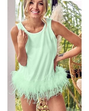 TRUEDAMES French Terry Faux Feather Bottom Back Tied Top - Green