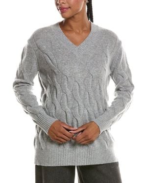 Forte Long Cable V-Neck 100% Cashmere Sweater - Gray
