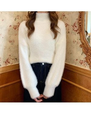 TRUEDAMES High-Neck Faux Fur Knit Sweater - Natural