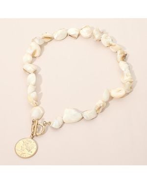 Fashnzfab Chunky Irregular Resin Pebble Beaded Coin Charm Toggle Statement Necklace - Natural