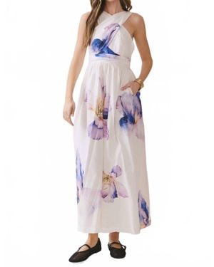 TCEC Floral Print Cross Halter Neck Midi Dress - Purple
