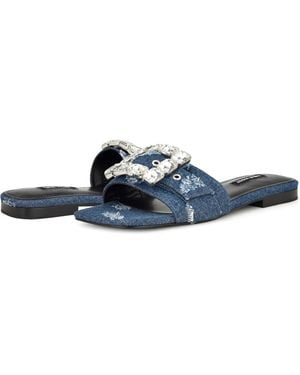 Nine West Matter Sandals M Dark Denim Stone Detail Square Toe Htat730 - Blue