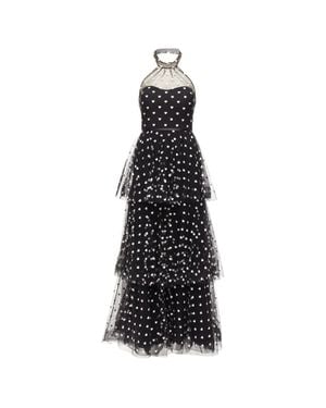 Marchesa Notte Mesh Heart Embroidered Halter Neck Tiered Gown - Black