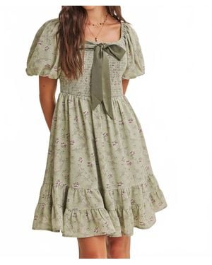 In February Autumn Garden Bow Smocked Mini Dress - Green