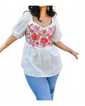 Savanna Jane Babydoll Floral Embroidery Top - Blue