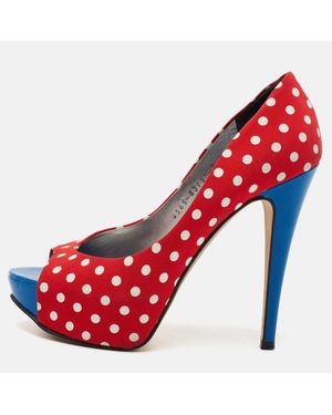 Gina Polka Dot Print Canvas Peep Toe Platform Pumps - Red