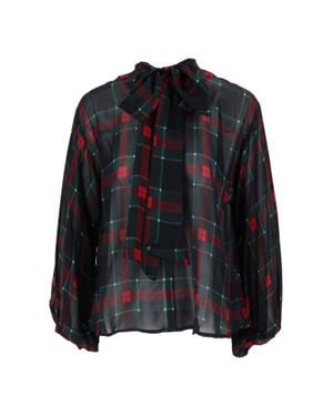 Shirtaporter Tartan Plaid Sheer Chiffon Bow Tie Blouse - Black