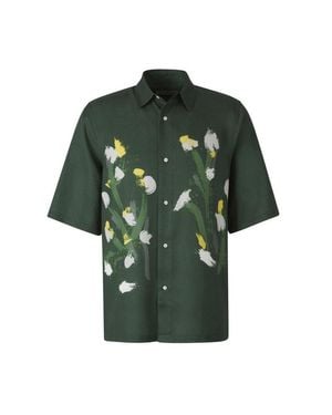 Officine Generale Short-Sleeved Satin Shirt With Watercolor Floral Motif - Green