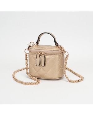 Fashnzfab Faux Leather Quilted Top Handle Mini Vanity Box Crossbody Bag - Natural