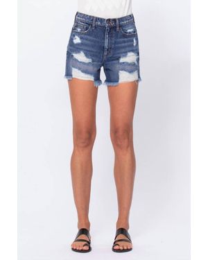 Sneak Peek Frayed Hem Distressed Denim Shorts - Blue