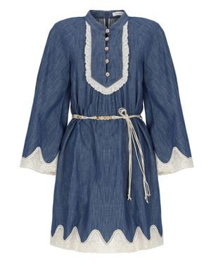 Zimmermann Denim Mini Dress With Scalloped Lace Detailing - Blue