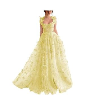 TRUEDAMES Spaghetti Strap Flower Fairy High-End Gown Banquet Party Elegant Evening Dress - Yellow