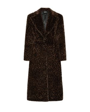 ROTATE BIRGER CHRISTENSEN Leopard Print Synthetic Fur Long Coat With Plush Texture - Black