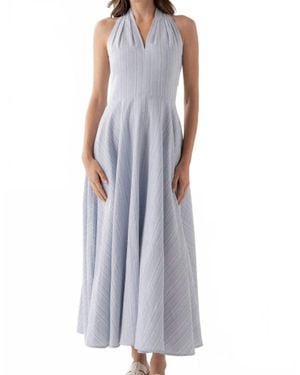 Elle Grey V-Neck Midi Stress Pinstripe Dress - Purple