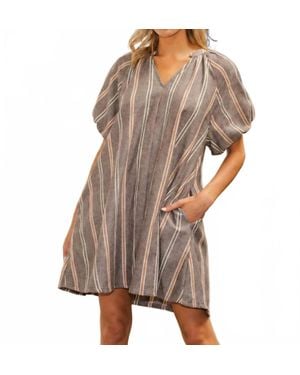 Eesome Striped V-Neck Mini Dress - Brown