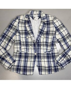 ecru Tweed Double Breasted Plaid Blazer - Blue